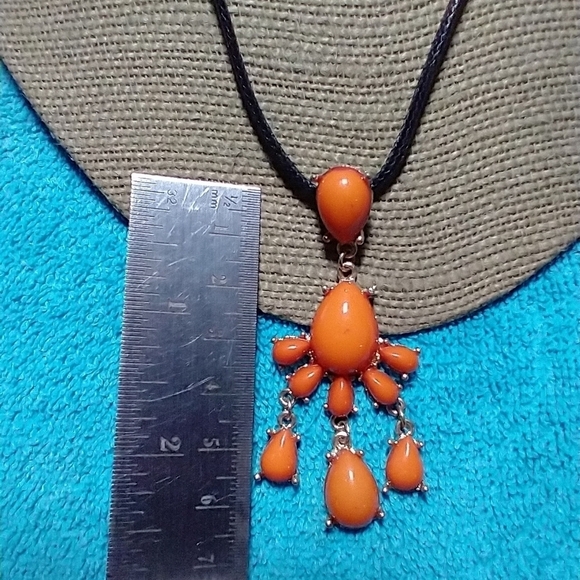 Goldtone orange abstract dangle necklace black cord - Picture 3 of 4